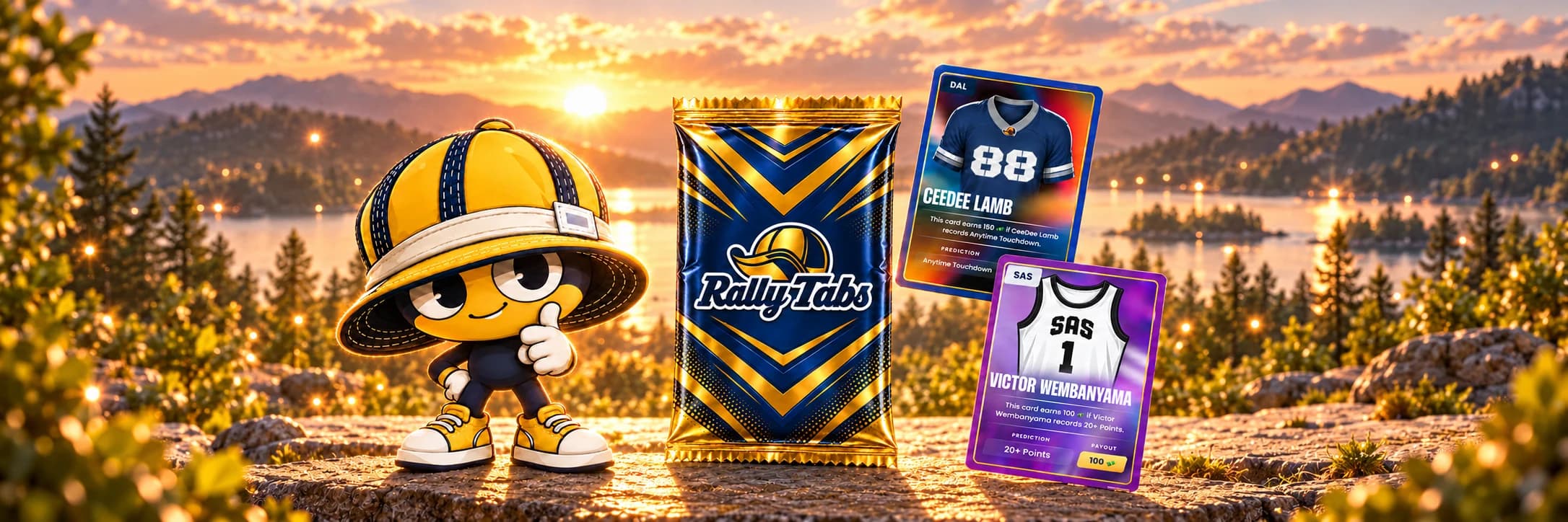 RallyTabs mascot and gold pack at sunset beside example CeeDee Lamb and Victor Wembanyama tabs.