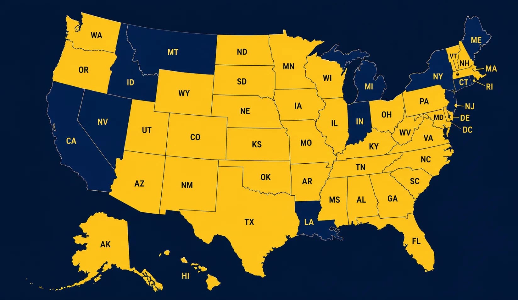 Map of the United States showing the 40 states where RallyTabs is available